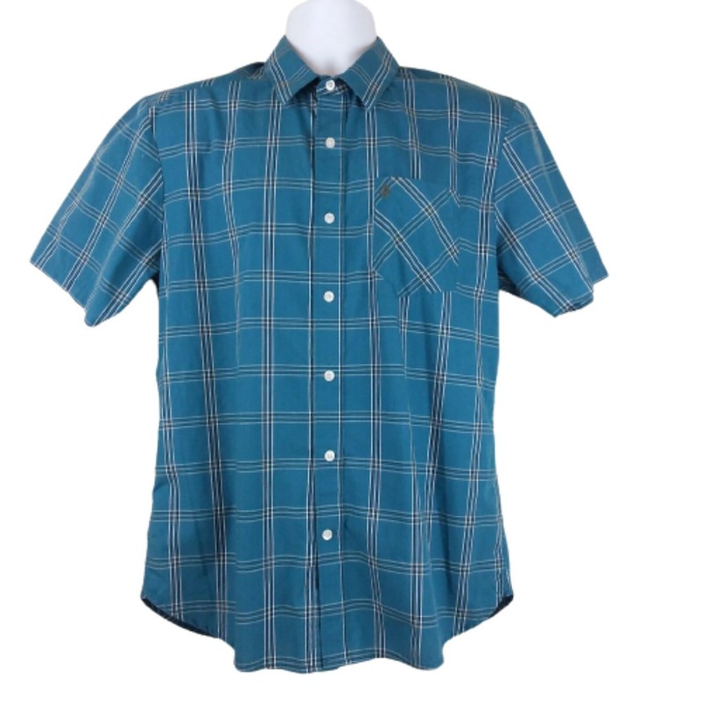 Volcom Men Button Down Shirt Plaid Classic Fit Short Sleeves Blue White